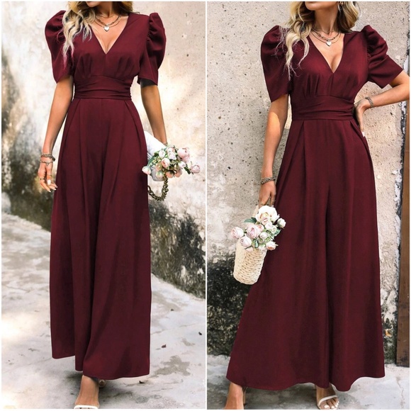 BellanBlue Pants - Luxe V neck Puff Sleeve Elegant Jumpsuit